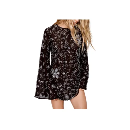 NASTY GAL Ручная украшенная Цветочный Туника Платье Длинный рукав Женское Черное