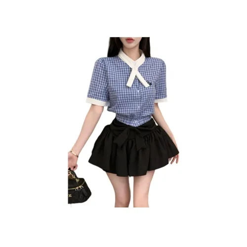 Garbege Синяя рубашка, галстуки-бабочки + черная юбка, комплект одежды, женская униформа