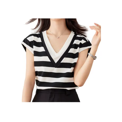 Cotton Gene Черно-белые полосы Женские T-рубашки