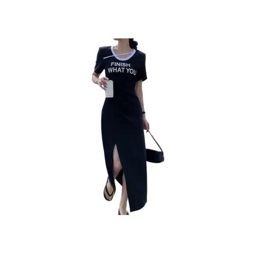 NANING9 Короткий рукав Платье Женское Лебедь Черный