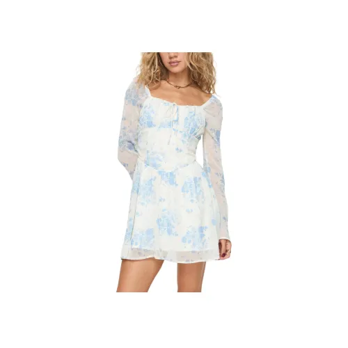 PRINCESS POLLY ROBERTSTONE Длинный рукав Мини платье Длинный рукав платье Женское белое с синим цветочным принтом