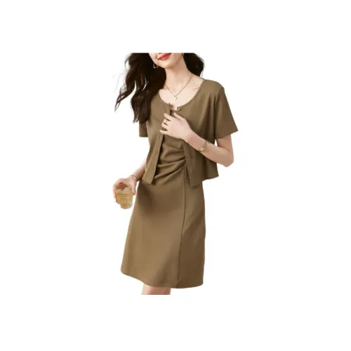 Mo Han Yi Mei Короткий рукав Платье Женское Кофейное