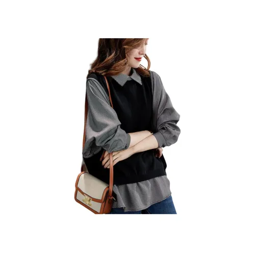 Mu Qingqing Черный Mock Два предмета Толстовка Рубашка Женские Толстовки