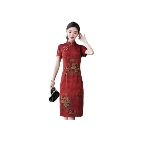 Yi Mengyuan Red Женские Короткие Платья с Рукавами