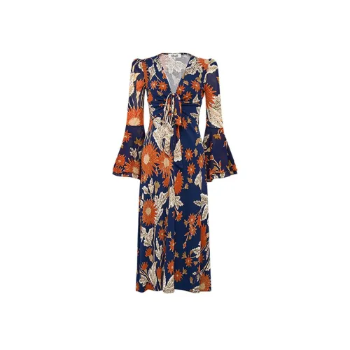 Diane von Furstenberg FW25 Длинное платье с длинными рукавами женское темно-синий