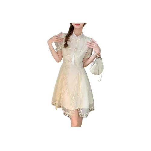 Juden Choi Короткий рукав Платье Женское Абрикосовое