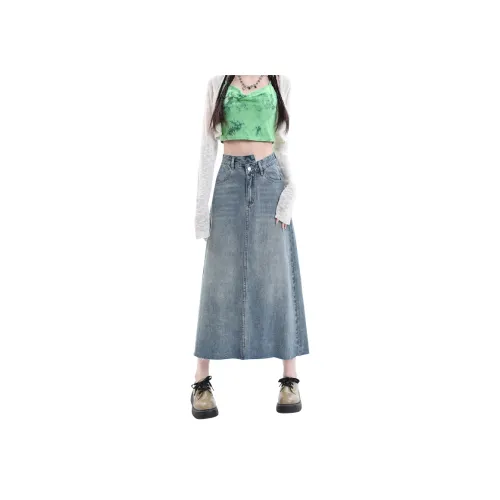 Розовый деним длинная юбка женский винтажный синий