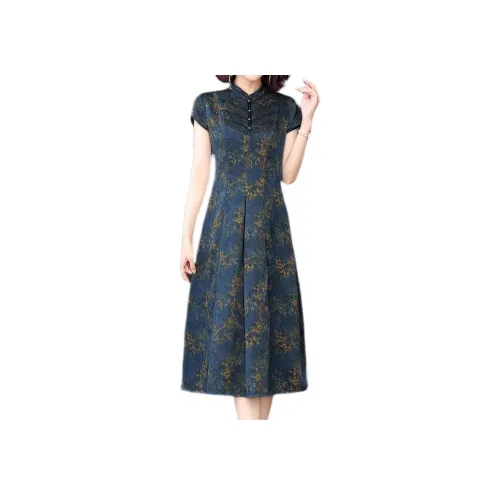 Mapping Короткий рукав Платье Женское Синее