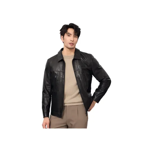 JIMU Haining Натуральная кожа Куртка Мужская Укороченная Первый слой Козья кожа Отложной воротник Повседневная Байкерская куртка Внешний слой Модная Мужская