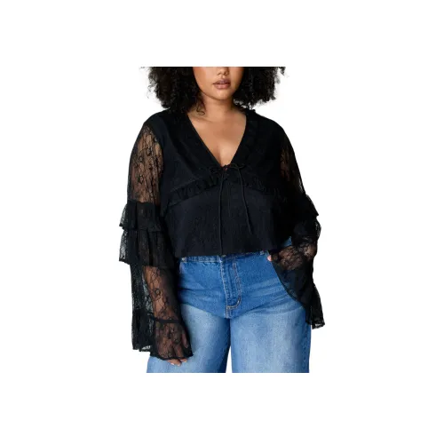 NASTY GAL Плюс Кружево Рюш Галстук Передняя часть Пышный Рукав Топ КРАП ТОП Женский Черный
