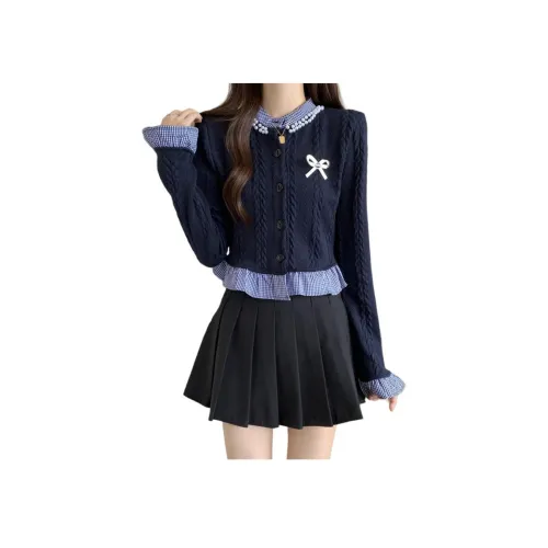 Mu Qingqing Темно-синий синий бант свитер худи женский худи