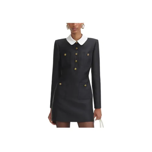 Self Portrait Длинное Платье с Длинными Рукавами Женское Черное и Белое