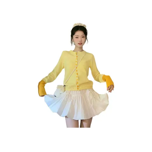 BVODE Желтый кардиган + Белая укороченная юбка Женские комплекты с юбкой