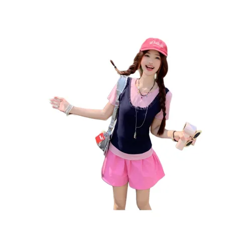 Wick buen ТРЕХ Предметный Комплект [Темно-синий Майка + Розовый Короткий Рукав + Фуксия Шорты] Женские Повседневные Костюмы