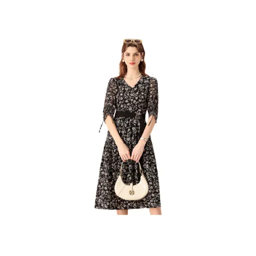 FENHONGMALI Короткий рукав Платье Женское Черное