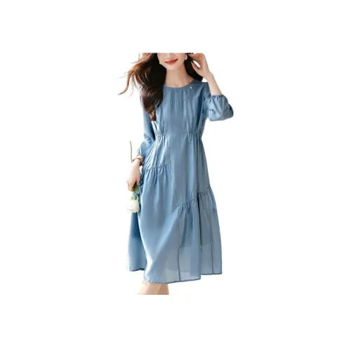 Mo Han Yi Mei Длинный рукав Платье Женское Синее