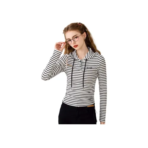 FAWENXIANGZI Весенний Осенний Стандартный T-Рубашка Женская Черно-Белая Полосатая Облегающий крой