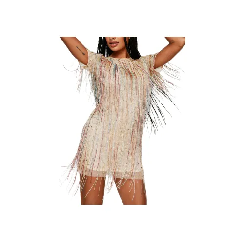 NASTY GAL Тассел Бисерное Мини Прямое Платье Короткий Рукав Платье Женское Желтое