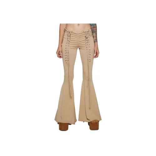 Dolls Kill SS24 DARKER WAVS Tempo V Cut Lace Up Bell Bottoms Casual Pants Women's Light Brown Light Umber