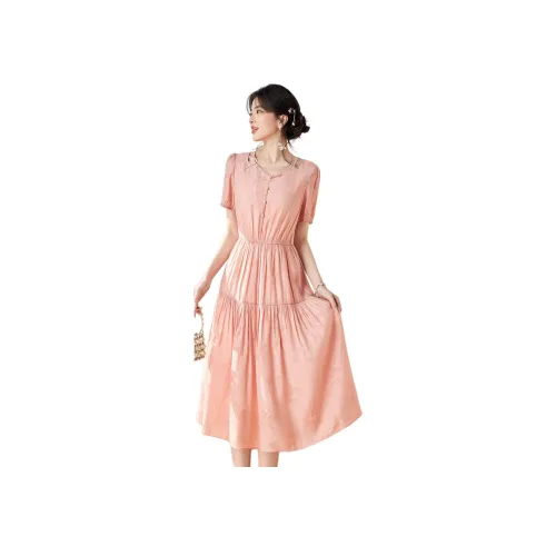 Like The Age Of Water Летний Короткий Рукав Платье с Утяжкой на Талии Женское Розовое