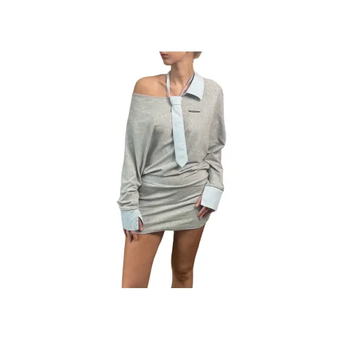 TUSHIFEI Длинное платье с длинными рукавами женское светло-серое