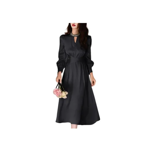 Wbwq Длинное платье с длинными рукавами женское черное