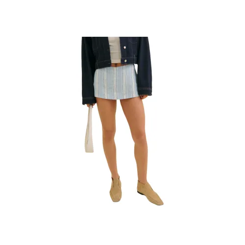 Reformation Mia Low Waist Шорты-юбка из льна Повседневные короткие юбки Женские Синие и белые полоски