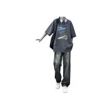 Темно-серая рубашка с коротким рукавом + бирюзовые штаны