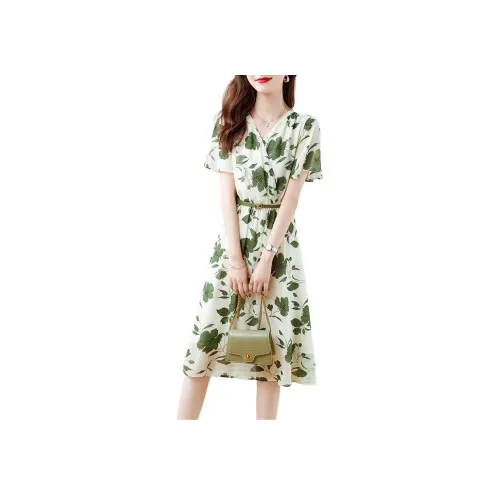 XWI Короткий рукав Платье Женское Белое Подкладочная ткань Зеленый узор