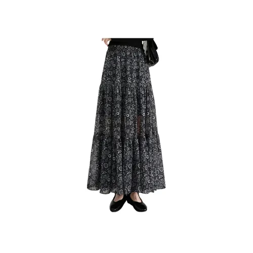 Cypress House Повседневный Длинный Юбка Женская Черный с Белым Цветами