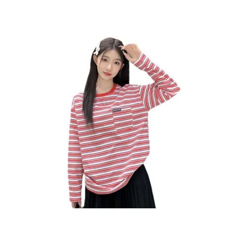 Wick Buen Красный и Белый Полосы Женские T-Рубашки