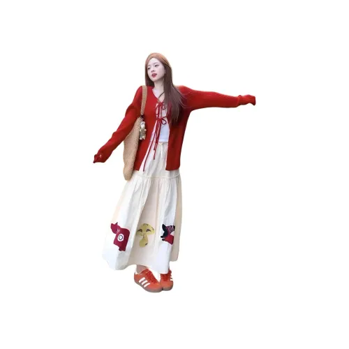 Wick buen Красный ТРИ Штуки Набор [Трикотаж + Юбка + Базовый слой] Женские Юбочные Комплекты