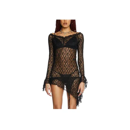 Dolls Kill Widow Misty Days Кружевное платье Длинное с длинными рукавами Женское Черное Черное