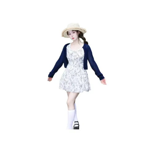 MISSHONEY MH Комплект с юбкой Принт Платье + Темно-синий Кардиган Женские Комплекты с юбкой