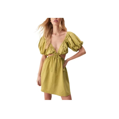 NASTY GAL Linen Mix Cut Out Skater Dress Short Sleeved Dress Women's Shalvey Green