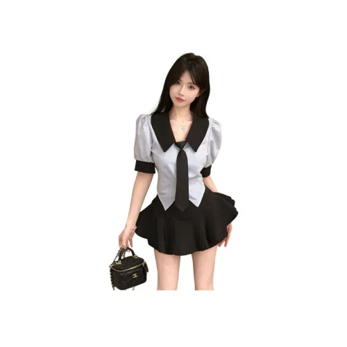 Garbege Синяя рубашка с черной юбкой и галстуком, набор женской униформы
