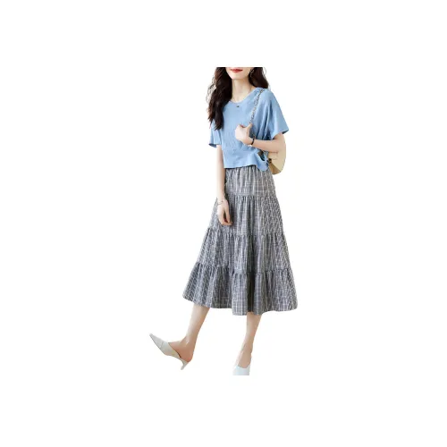 Mo Han Yi Mei Комплект с юбкой Женские Upper Синий Lower Клетчатый