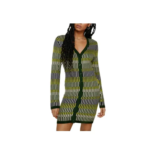 NASTY GAL Контрастность Stripe Пуговица Вверх KNIT Мини Платье Длинный Sleeved Платье Женские Хаки