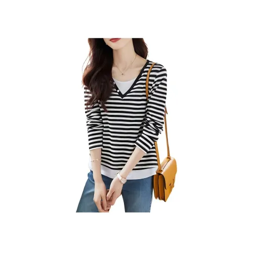 Mo Han Yi Mei T Рубашка Женская Черно-Белые Полосы