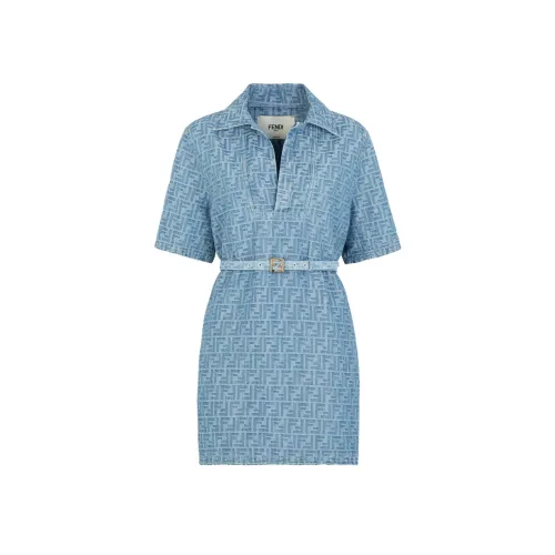 FENDI SS24 Короткое платье с короткими рукавами женское светло-синее