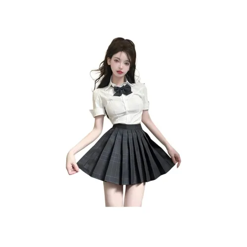 DGMZ Белый топ + Клетчатая юбка Набор Женская униформа