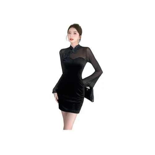 XIAOJUCHUANLI Black Женские Длинные Рукава Платья