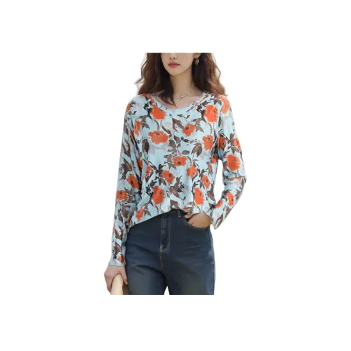 Wbwq T-рубашка Женская Синяя с Цветочным принтом