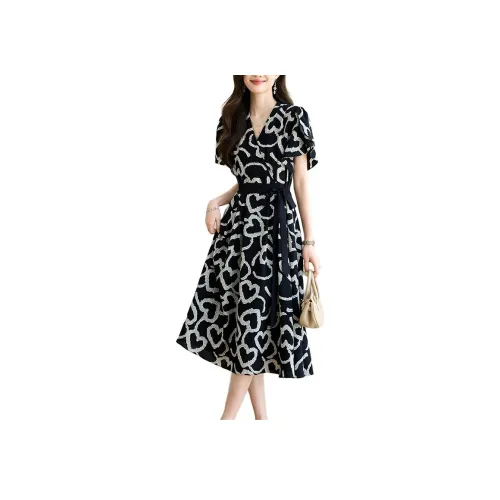 Корейский стиль Короткий рукав Платье Женское Черное