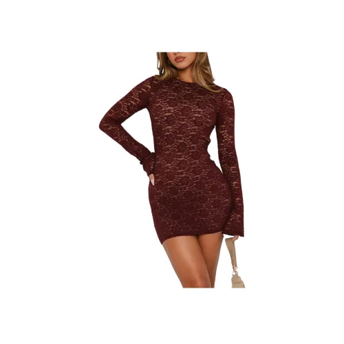 WHITE FOX Длинный рукав Кружево Мини Платье Бордовый Длинный рукав Платье Женское