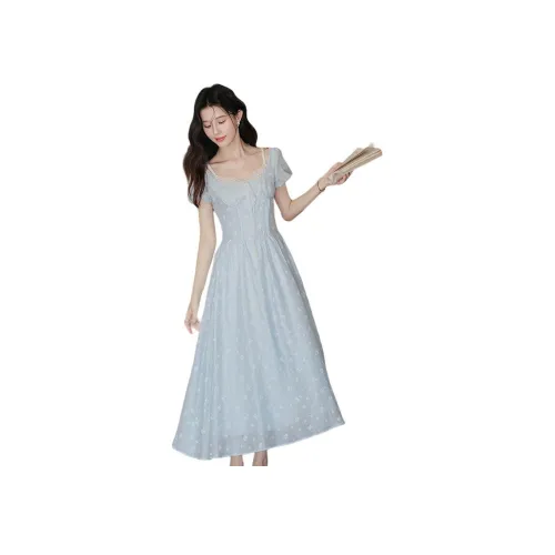 мм Flower Пыльно-синий Женские Короткие Платья с Длинными Рукавами