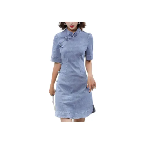 Wbwq Короткий рукав Платье Женское Светло-синий Серый