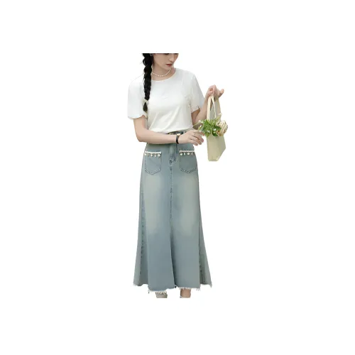 ALXNAN Деним Длинный Юбка Женские