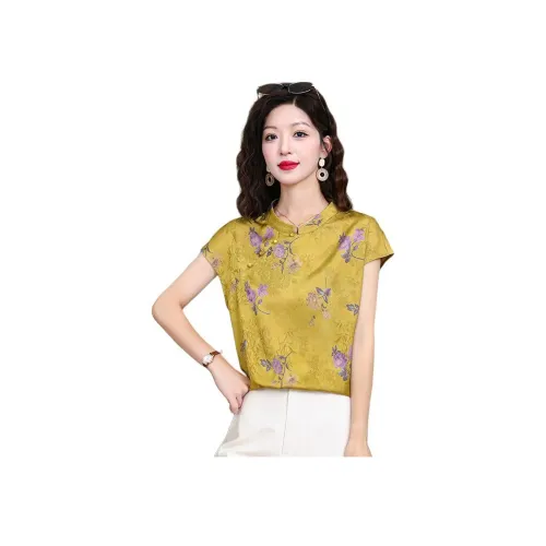 SIXUSICHOU Желтая Рубашка с Цветочным Дизайном для Женщин