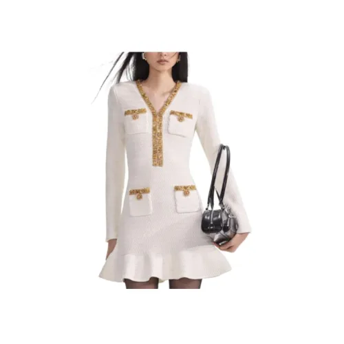 Self Портрет Длинное Платье с Длинными Рукавами Цвет Слоновая Кость Женское